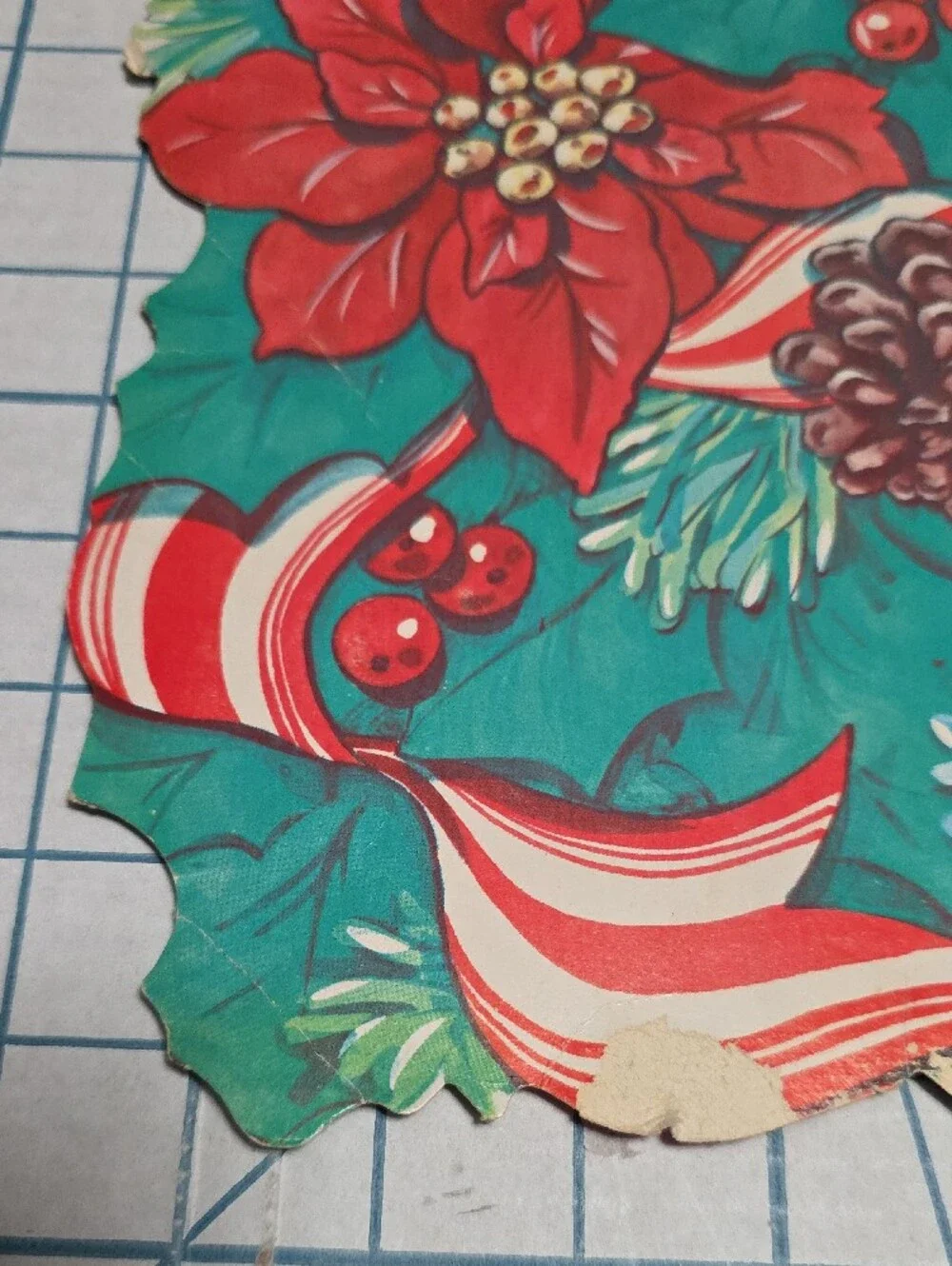 Holiday Poinsettia and Ribbon Party Die Cut - Green & Red, VTG, 10.5